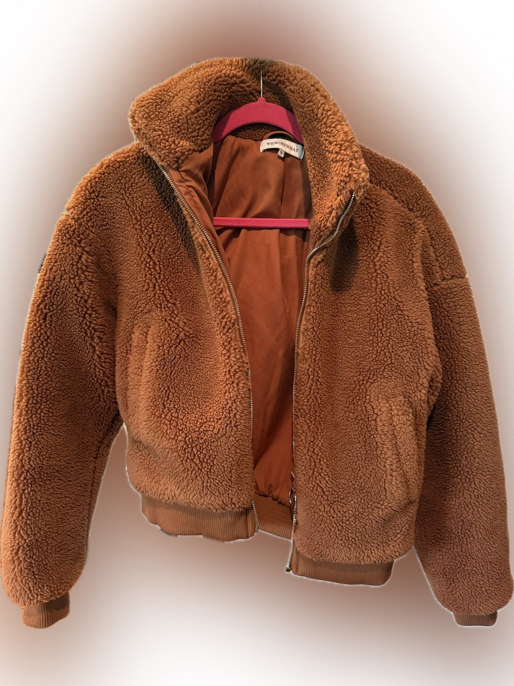 WeWoreWhat Cozy Sherpa Bomber Jacket in Rich Camel
